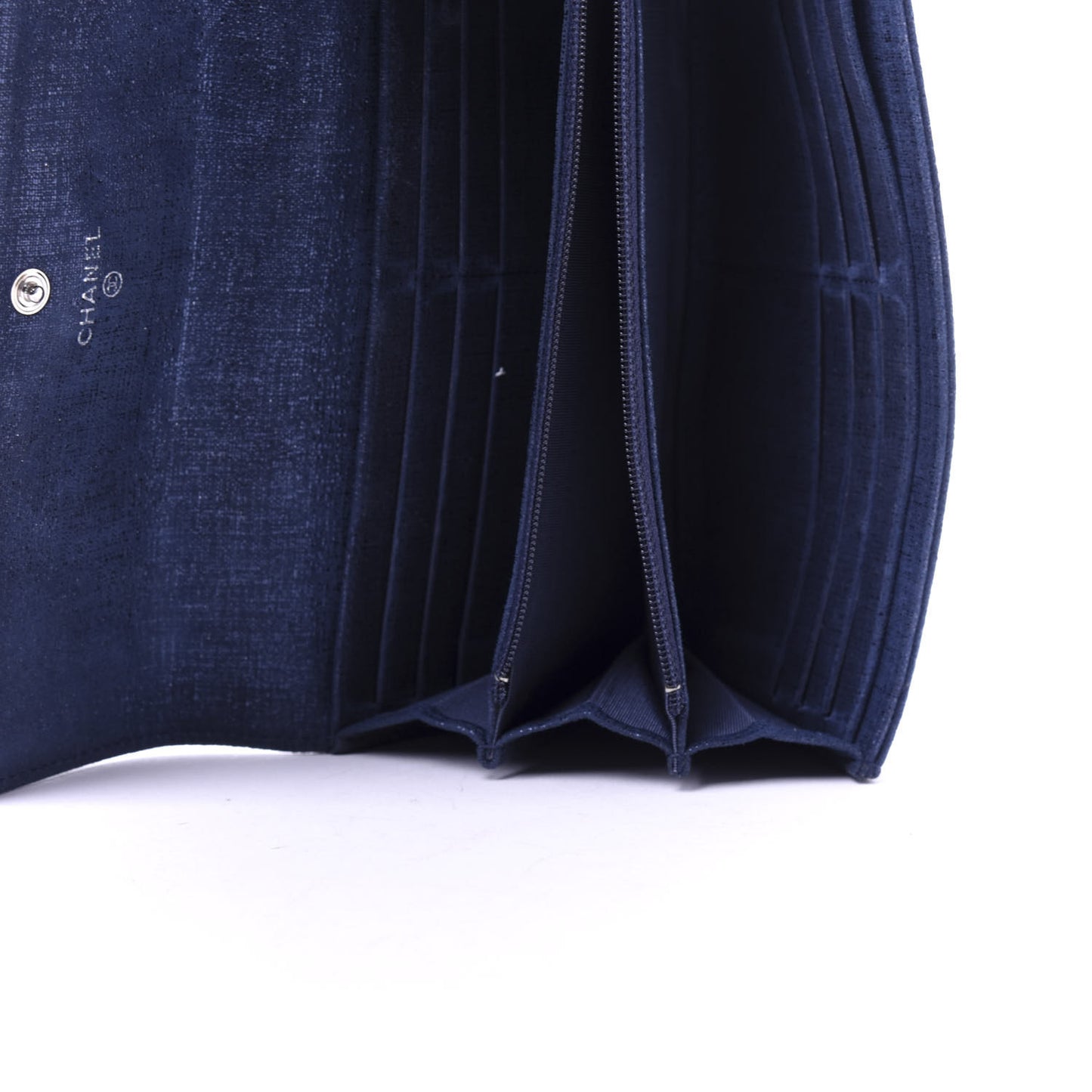 Iridescent Calfskin Quilted Large Gusset Flap Wallet Navy