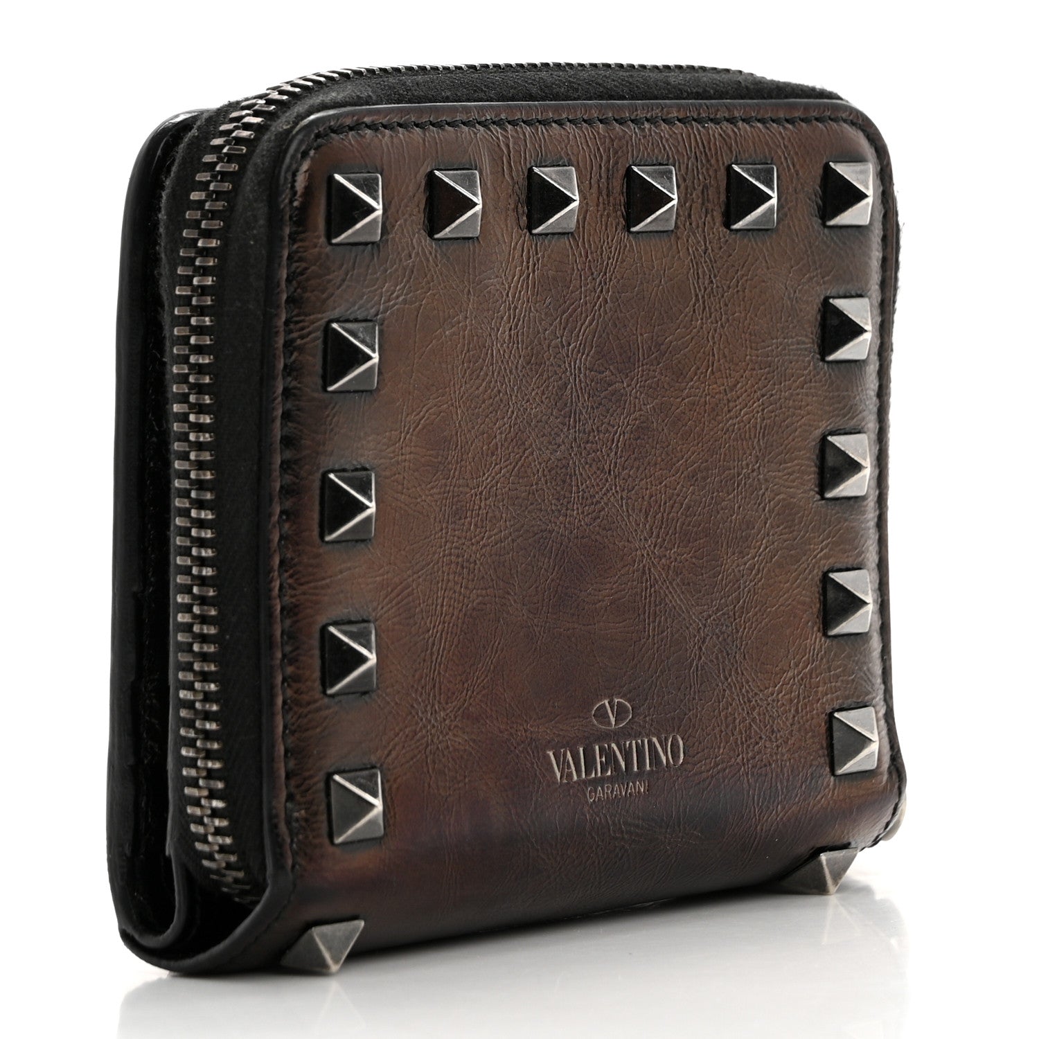 Valentino Garavani Metallic Wrinkled Calfskin Rockstud Compact Zip Around Wallet Bronze 3 of 9