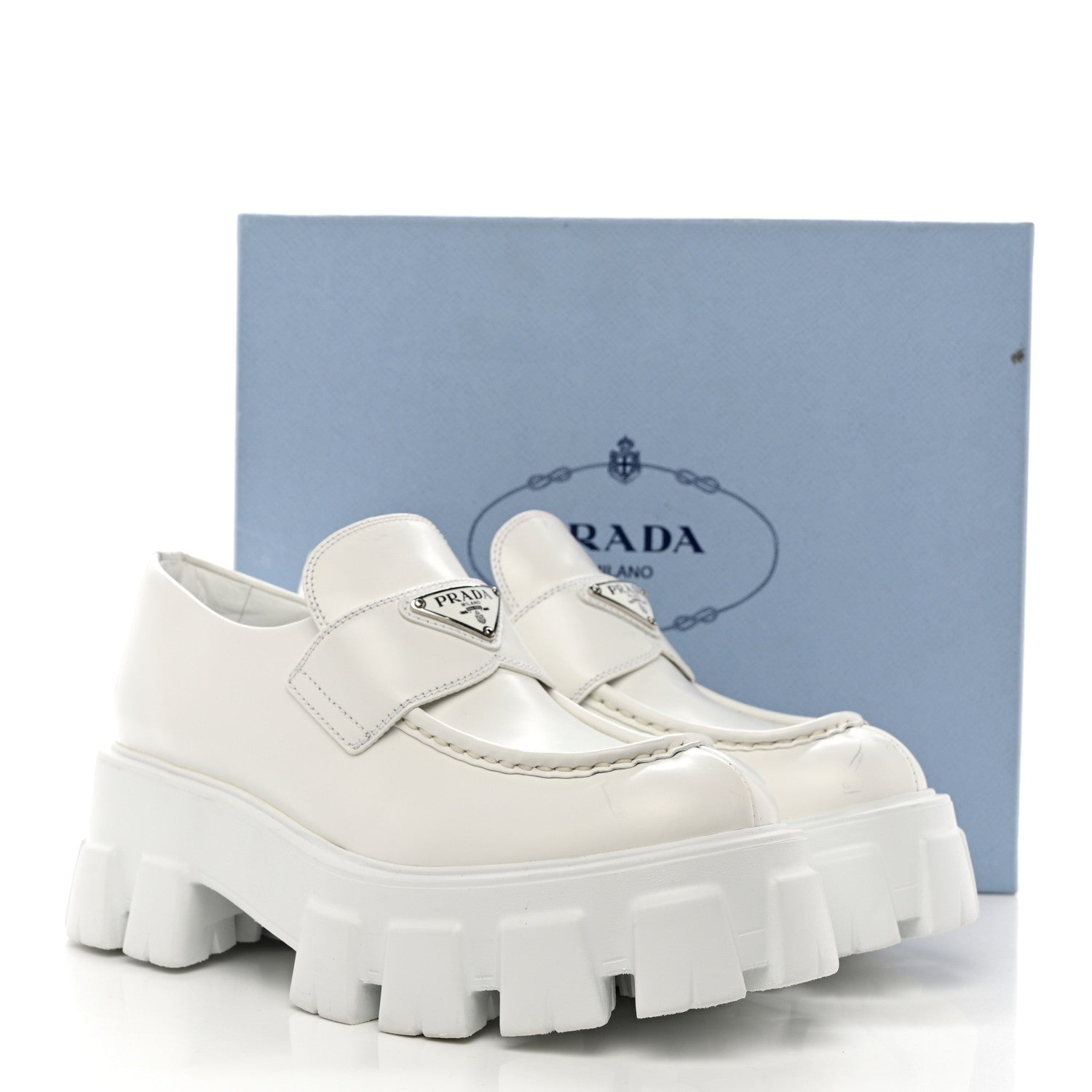 Prada Spazzolato Rois Metal Triangle Logo Monolith 55mm Loafers 38 White 11 of 11