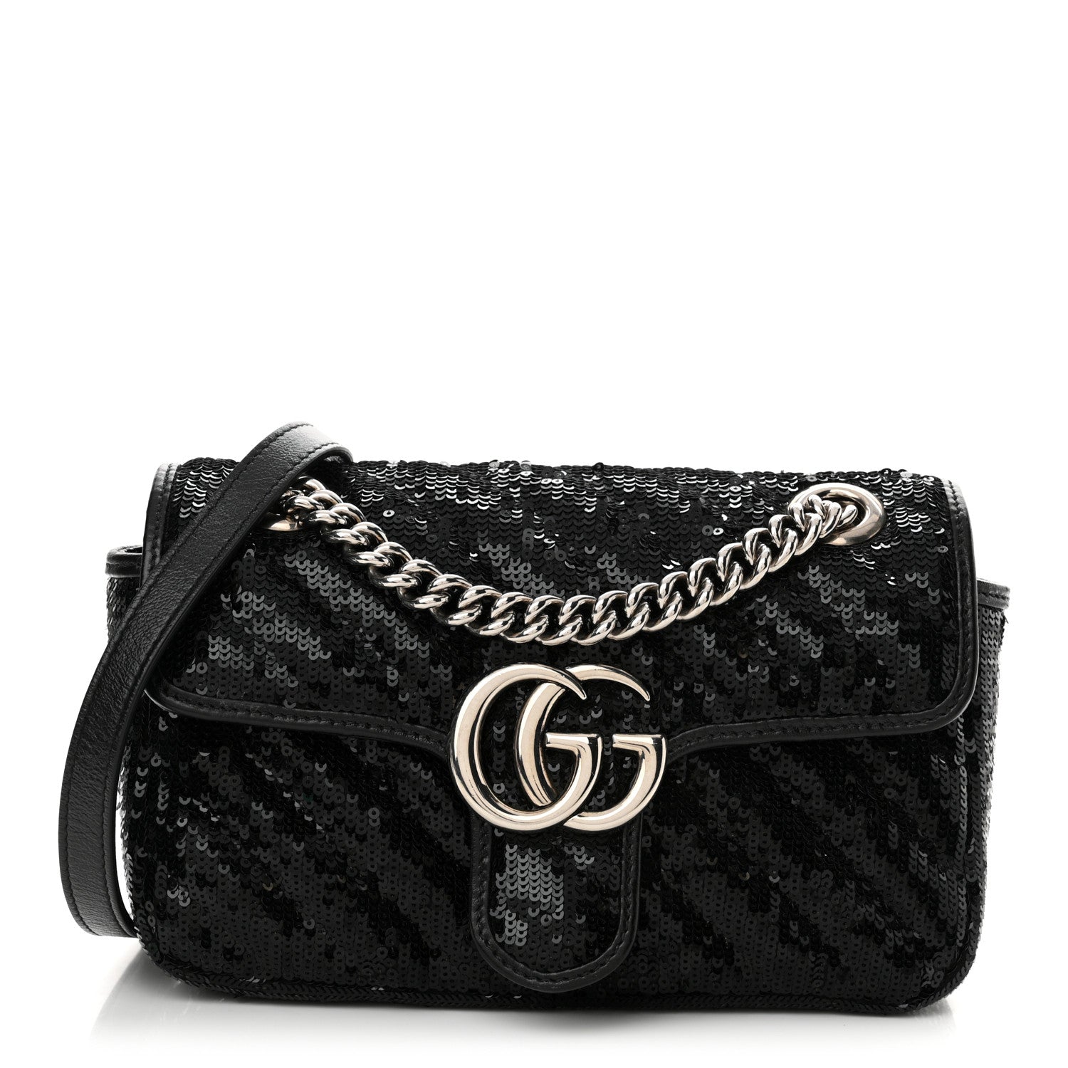 Gucci Sequin Matelasse Diagonal Mini GG Marmont Shoulder Bag Black 1 of 11