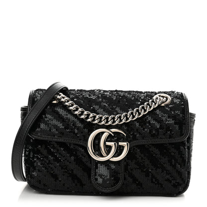 Gucci Sequin Matelasse Diagonal Mini GG Marmont Shoulder Bag Black 1 of 11