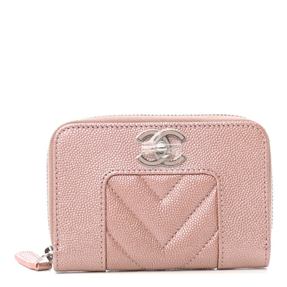 Chanel Metallic Caviar Chevron Quilted Vintage Mademoiselle Zip Coin Purse Pink 1 of 8