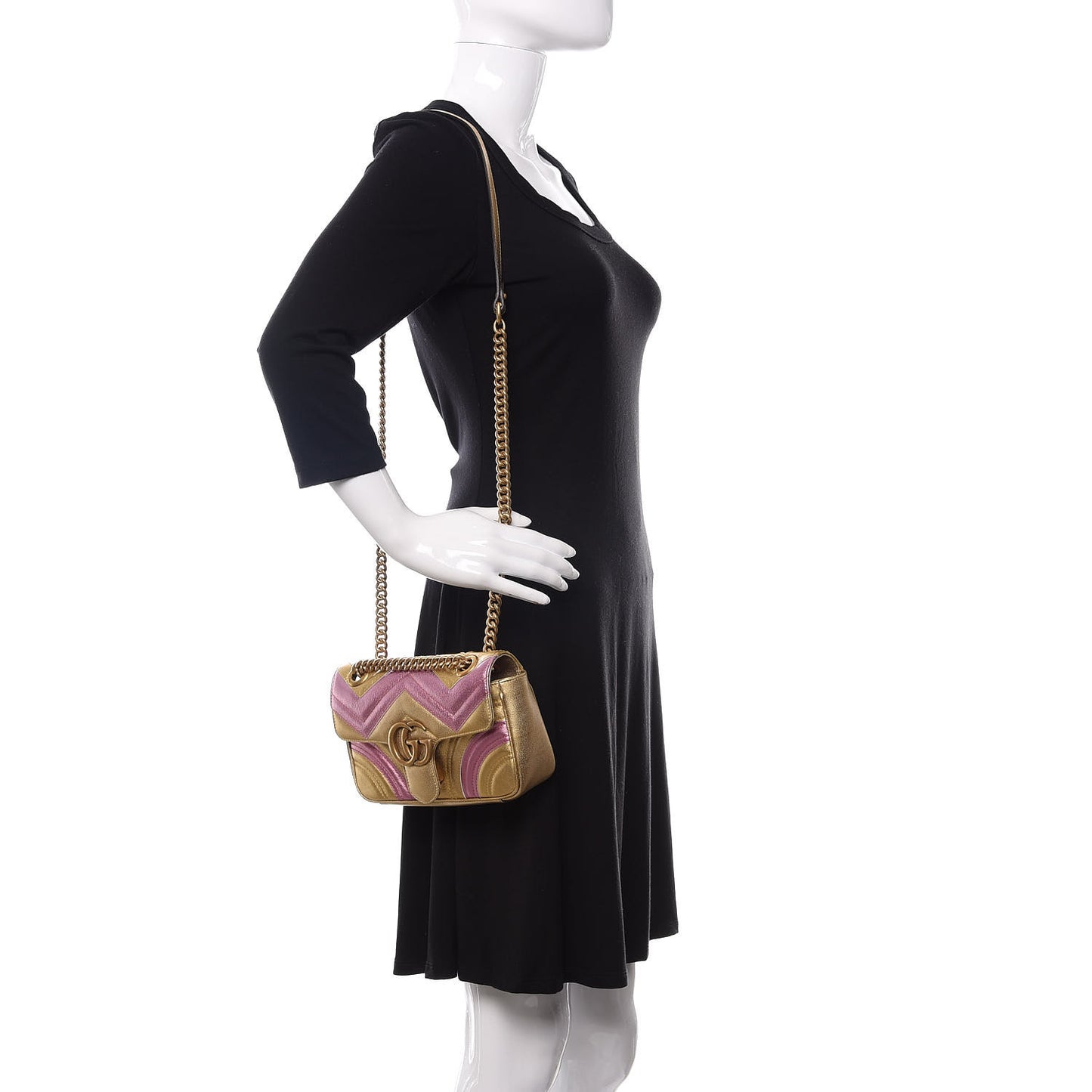 Metallic Calfskin Matelasse Mini GG Marmont Shoulder Bag Gold Pink