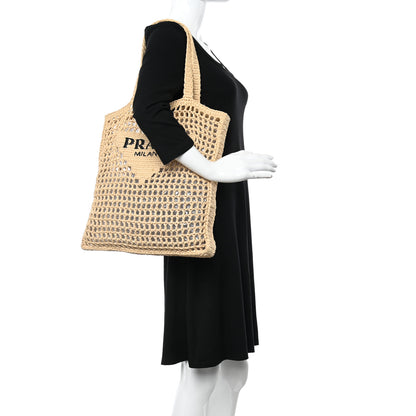 Prada Yarn Raffia Effect Crochet Logo Embroidered Tote Bag Naturale 2 of 9