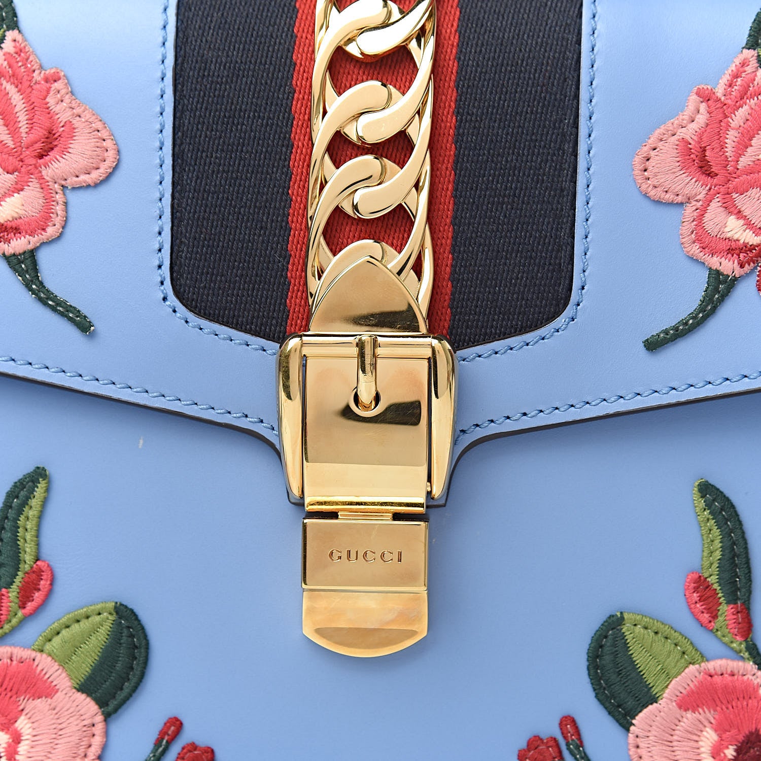 Gucci Calfskin Embroidered Medium Sylvie Top Handle Bag Clear Sky Blue 11 of 11