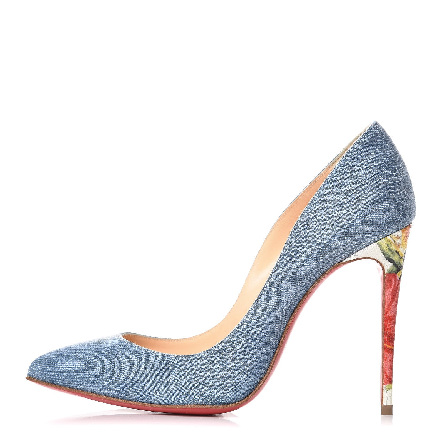Christian Louboutin Denim Crackled Calfskin Hawaiian Print Pigalle Follies 100 Pumps 35.5 Blue White 1 of 7