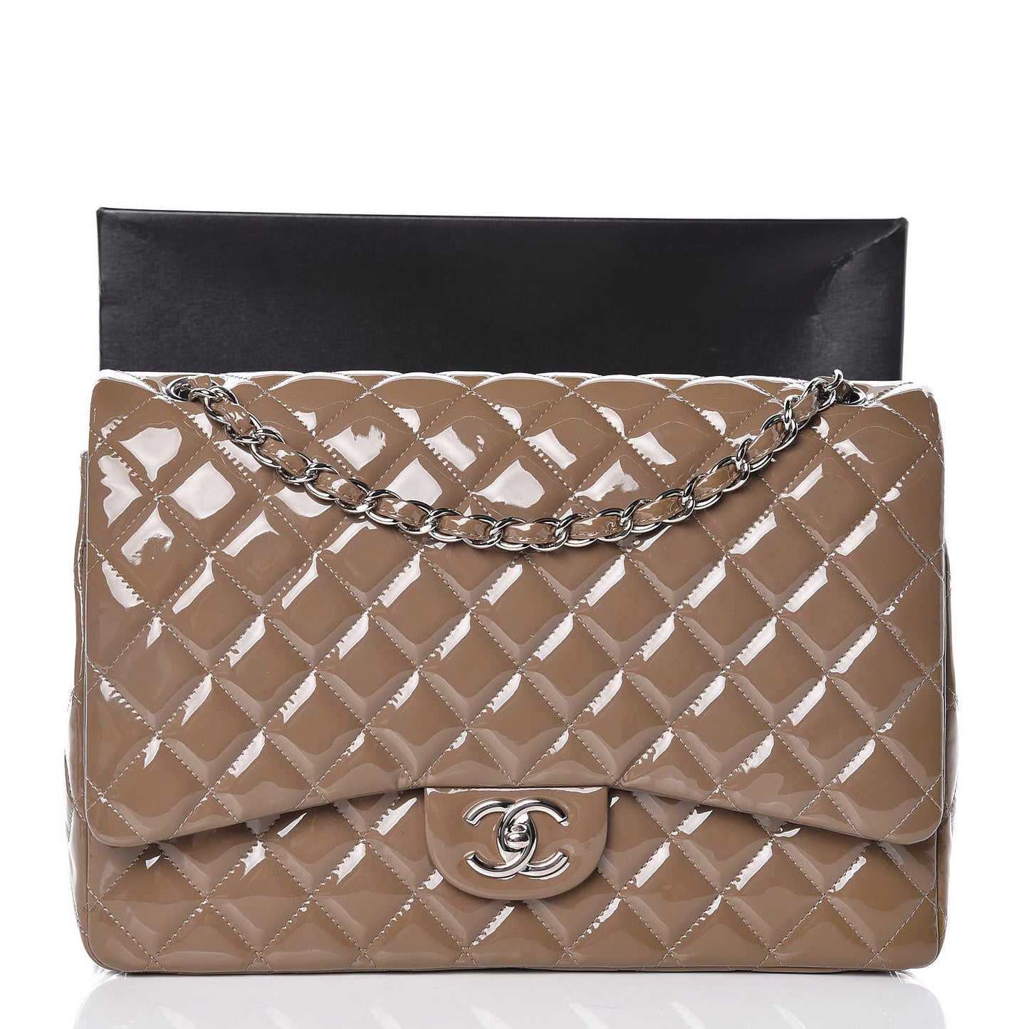 Patent Calfskin Quilted Maxi Double Flap Grey