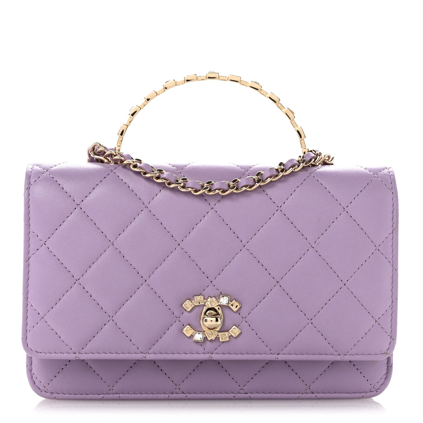 Lambskin Quilted Crystal Top Handle Clutch With Chain Light Purple