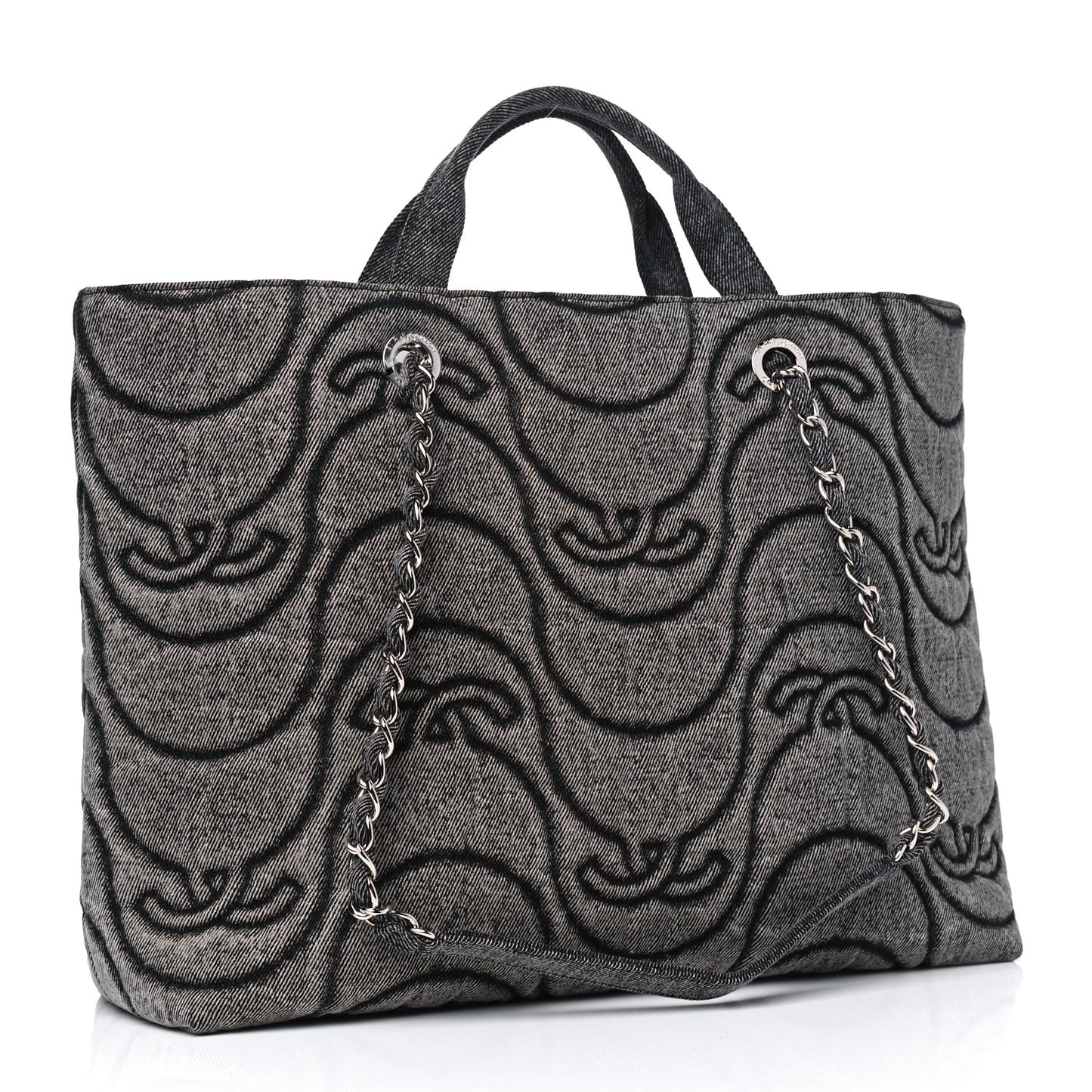 Denim Embossed CC Logo Print Shopping Tote Black