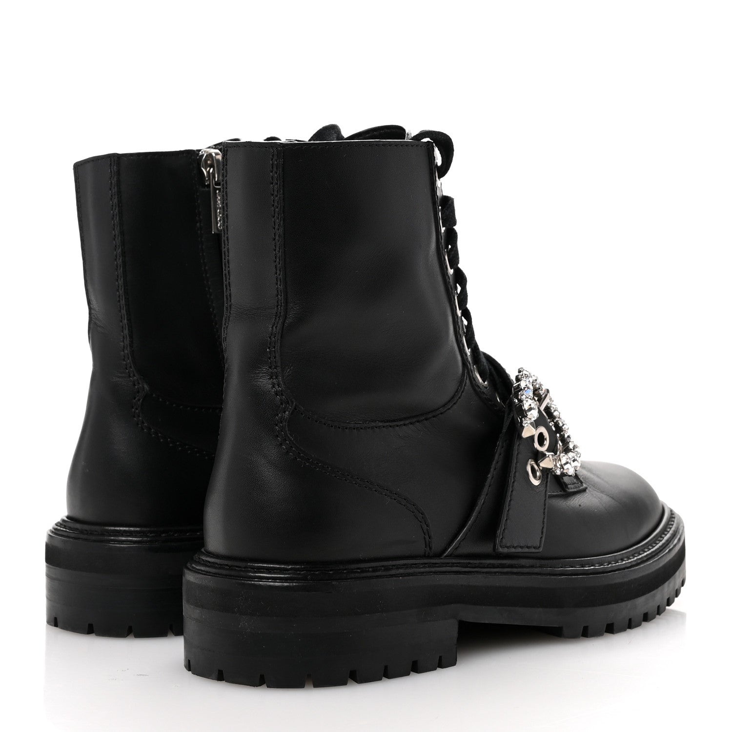 Jimmy Choo Calfskin Crystal Embellished Cora Flat Combat Boots 36 Black 5 of 8