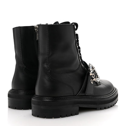 Jimmy Choo Calfskin Crystal Embellished Cora Flat Combat Boots 36 Black 5 of 8