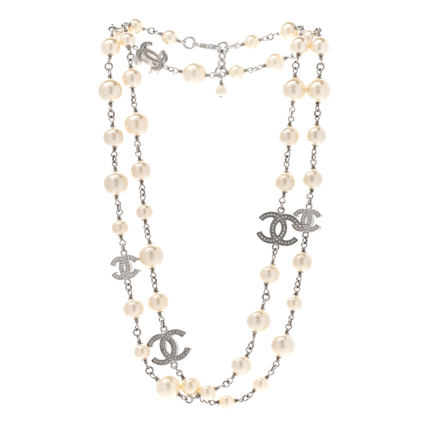 Graduated Pearl Crystal CC Long Necklace Silver