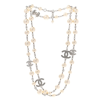 Chanel Graduated Pearl Crystal CC Long Necklace Silver 3 of 6