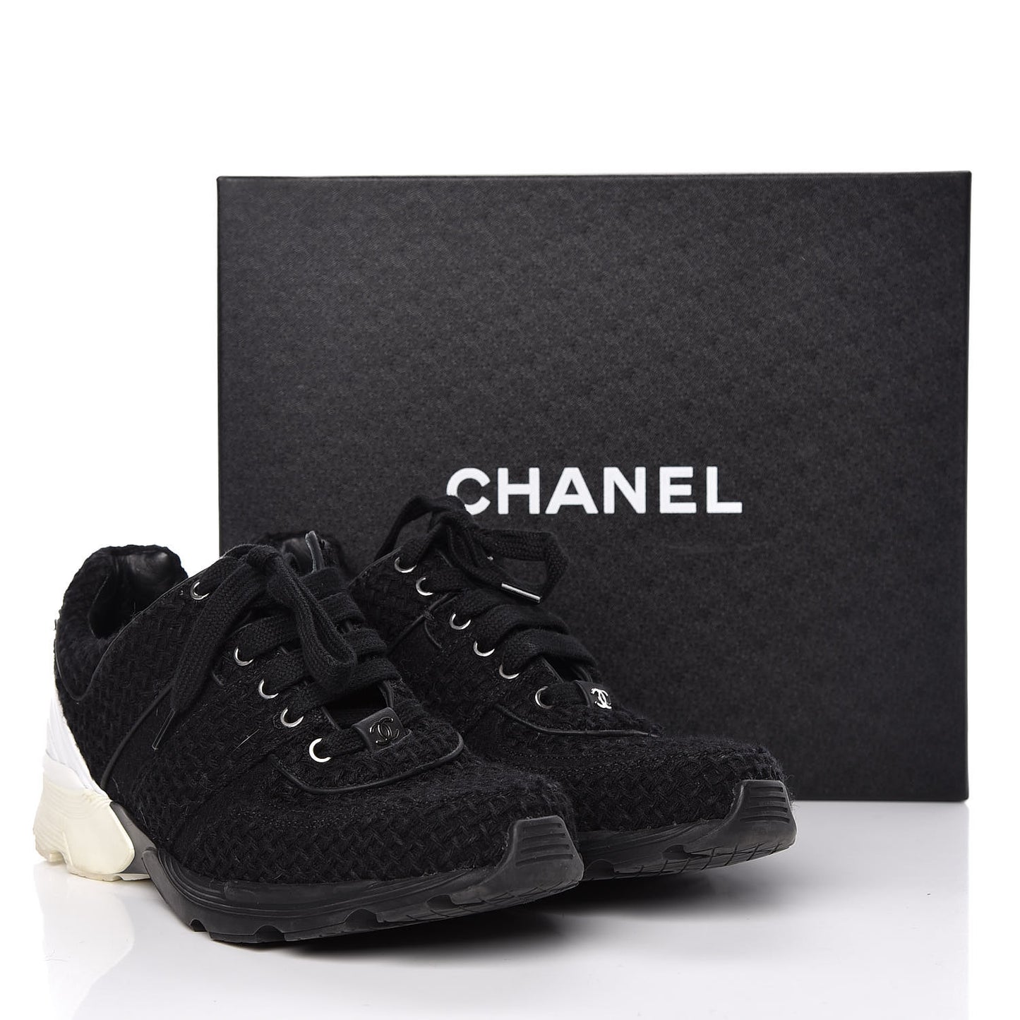 Tweed Calfskin Sneakers 40 Black White
