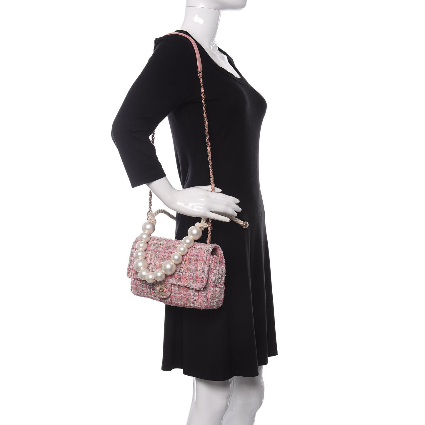 Tweed Medium Pearl Handle Flap Pink Beige Orange Ecru