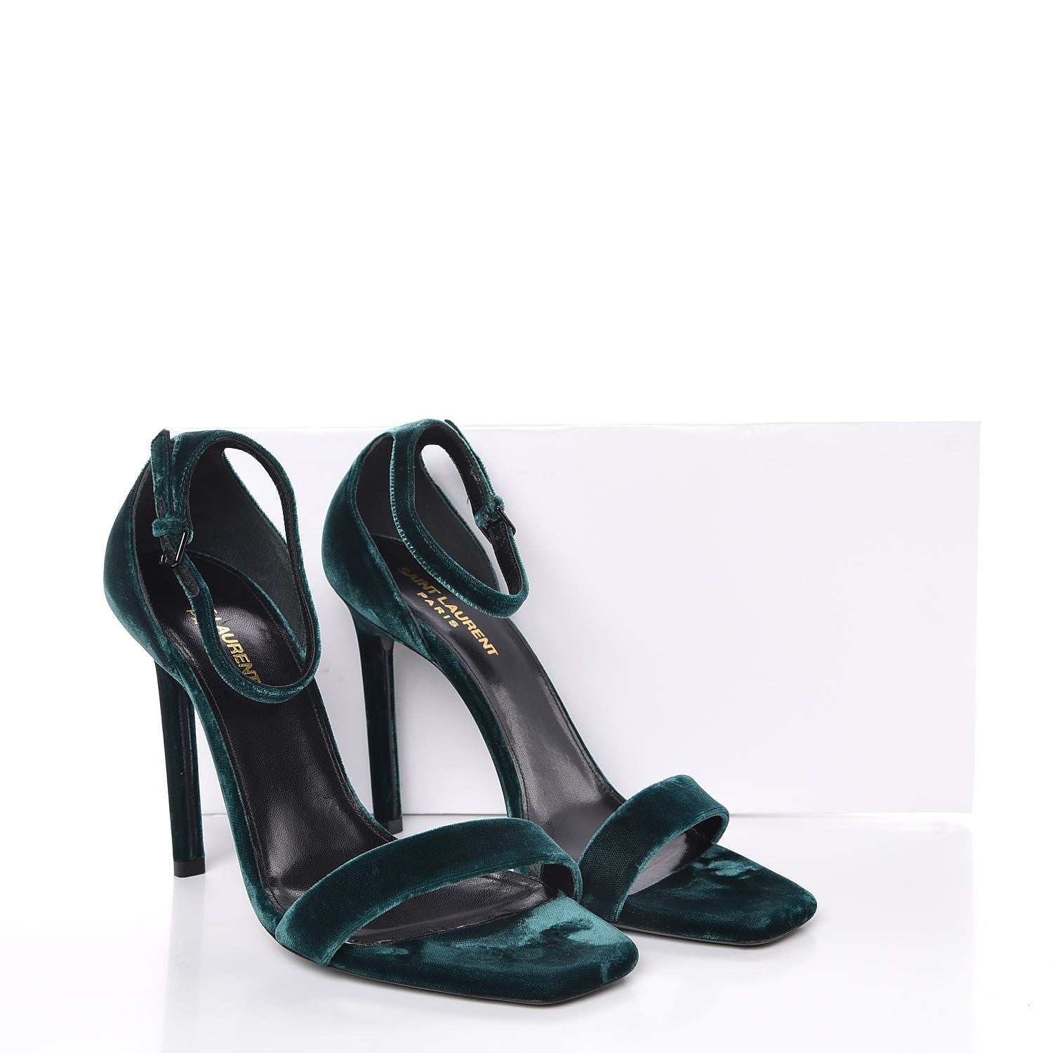 Saint Laurent Velvet Amber 105 Ankle Strap Sandals 39 Malachite 10 of 10