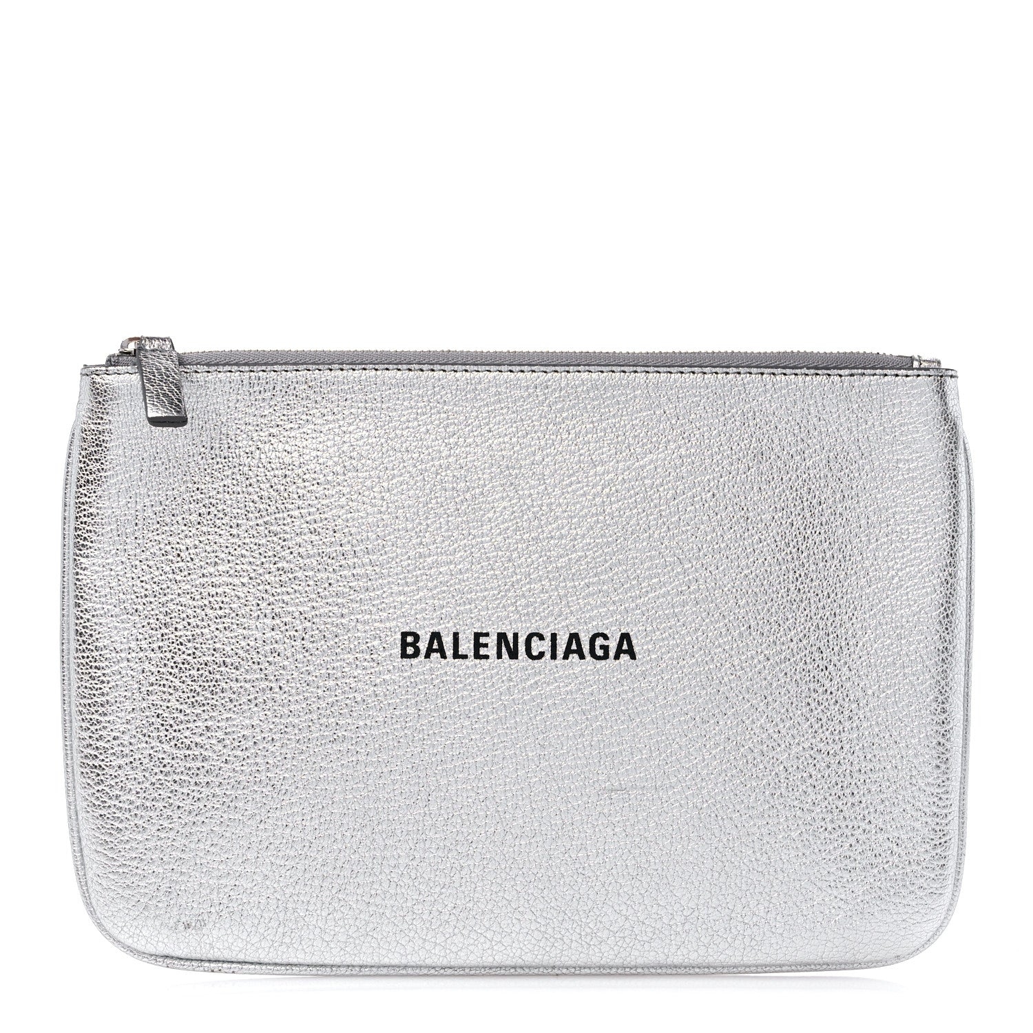 Balenciaga Metallic Goatskin Logo Large Everyday Zip Pouch Argent Black 1 of 10