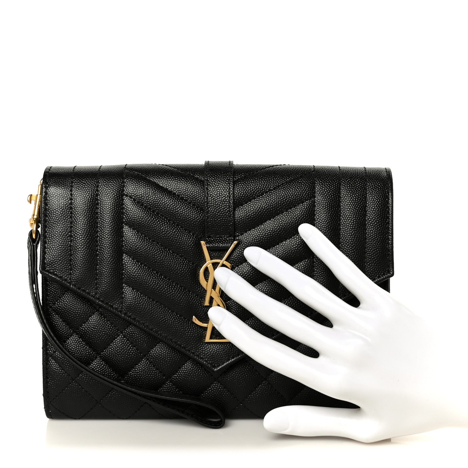 Saint Laurent Grain De Poudre Textured Mixed Matelasse Triquilt Monogram Clutch Black 2 of 9