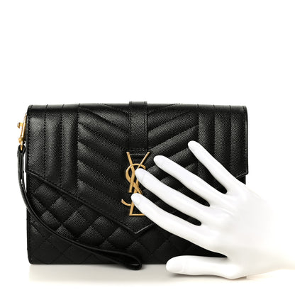 Saint Laurent Grain De Poudre Textured Mixed Matelasse Triquilt Monogram Clutch Black 2 of 9