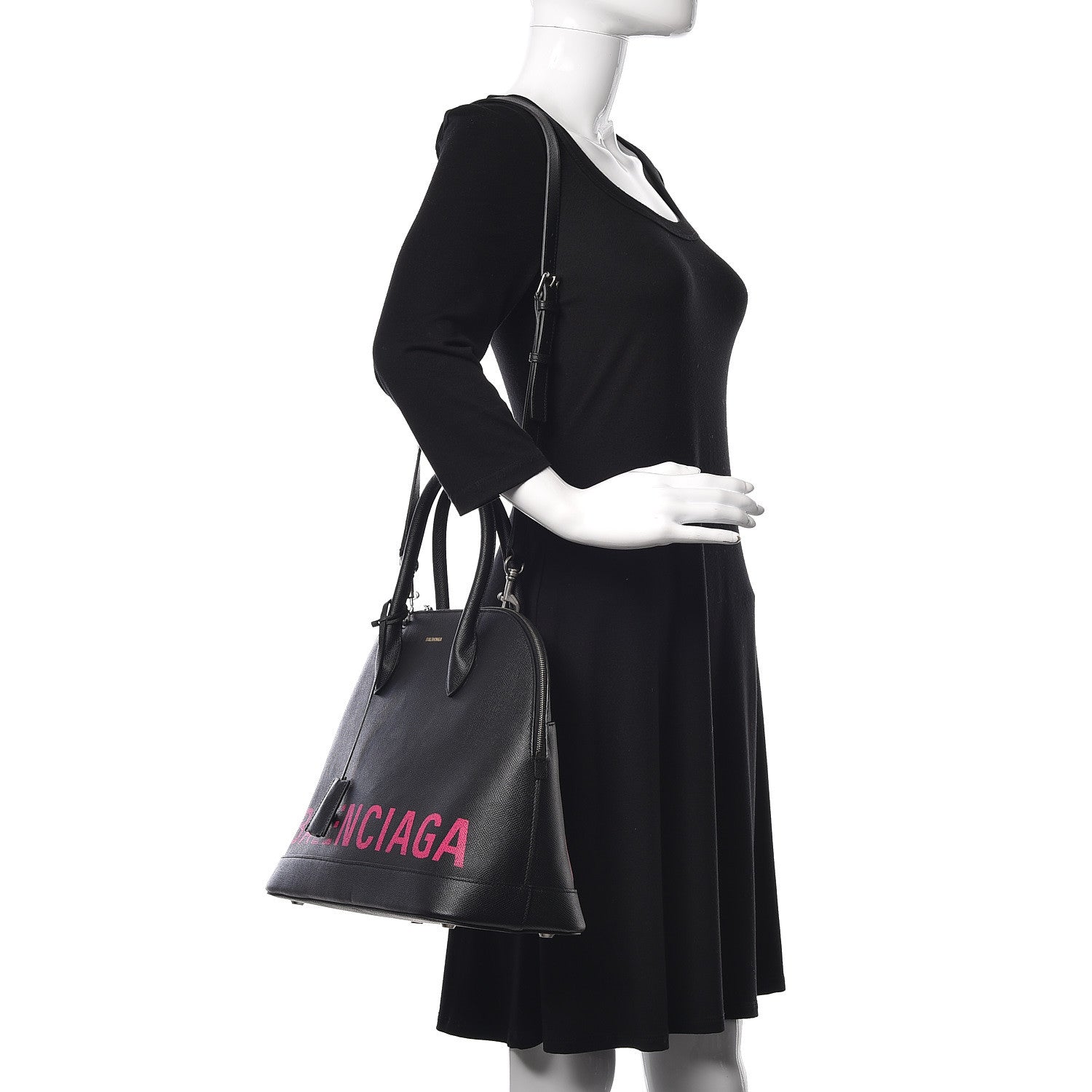 Balenciaga Signature Grained Calfskin Logo M Ville Top Handle Bag Black Rose Shocking 2 of 11