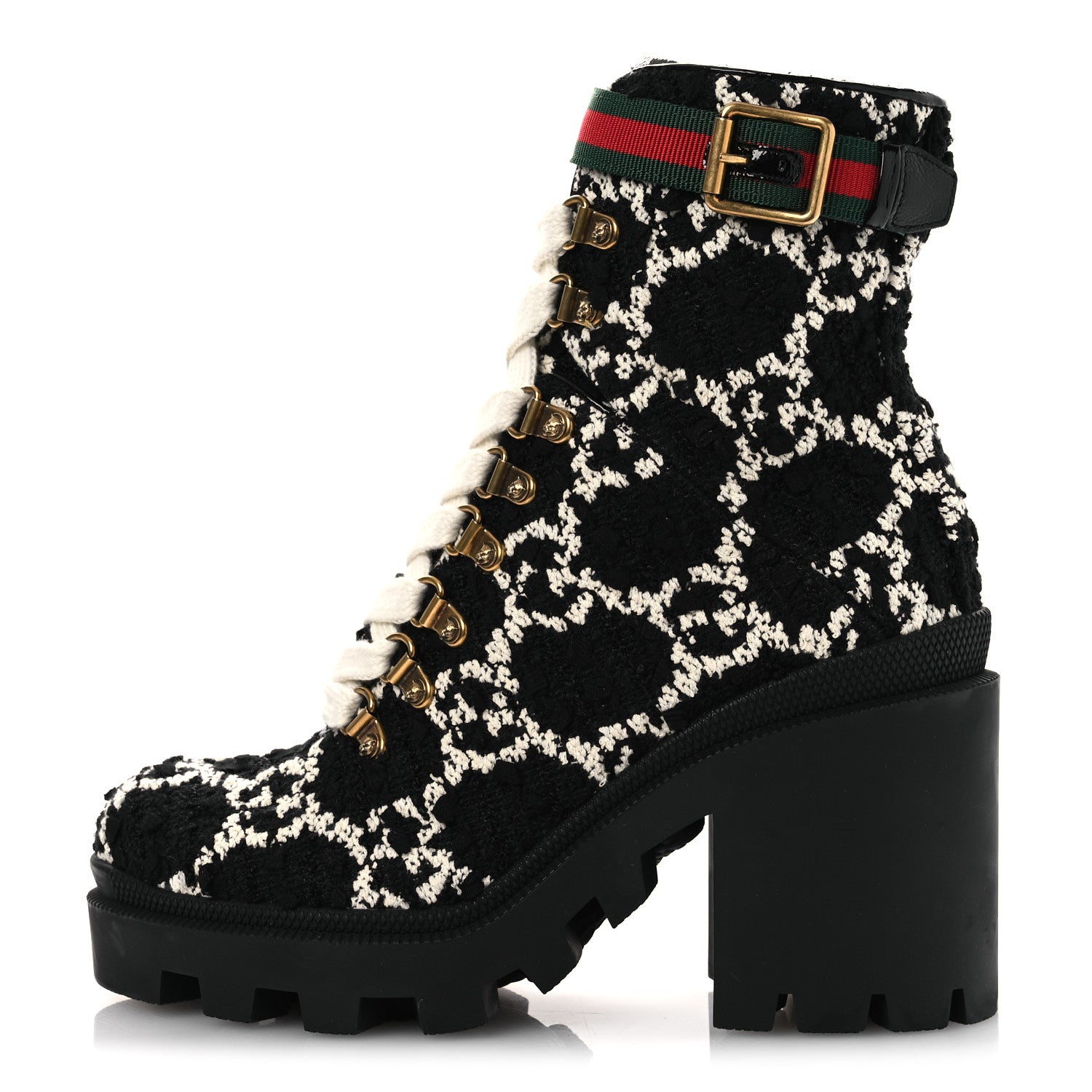Gucci Tweed GG Monogram Lace Up Combat Ankle Boots 36 Black 1 of 12