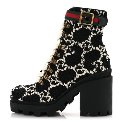 Gucci Tweed GG Monogram Lace Up Combat Ankle Boots 36 Black 1 of 12