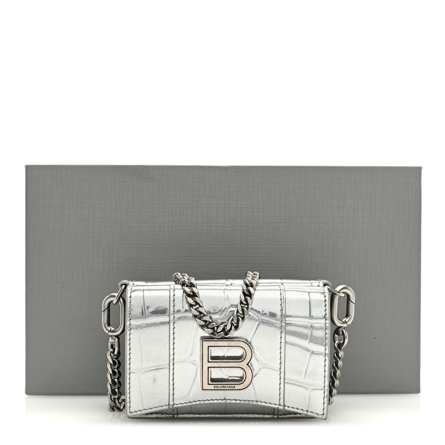 Balenciaga Metallic Calfskin Crocodile Embossed Mini Hourglass Wallet on Chain Silver 11 of 11