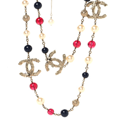 Chanel Beaded Pearl CC Long Strand Necklace Blue Red Gold 1 of 4