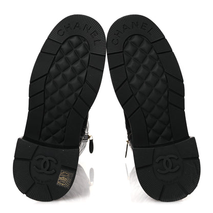 Chanel Calfskin Quilted Logo Lace Up Tall Combat Boots 39 Black 7 of 11