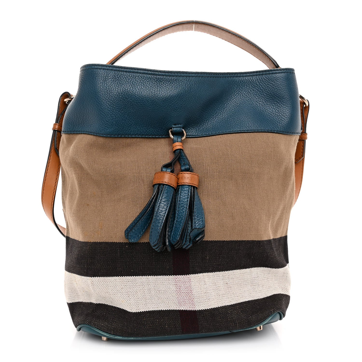 Burberry Grainy Calfskin Canvas Mega Check Medium Ashby Tassel Hobo Blue 1 of 9
