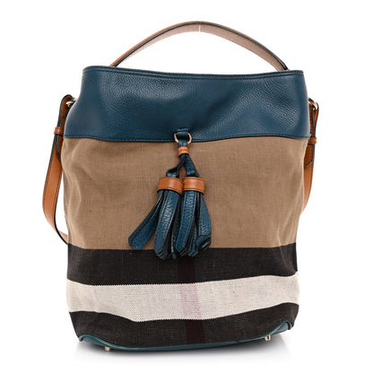 Burberry Grainy Calfskin Canvas Mega Check Medium Ashby Tassel Hobo Blue 1 of 9