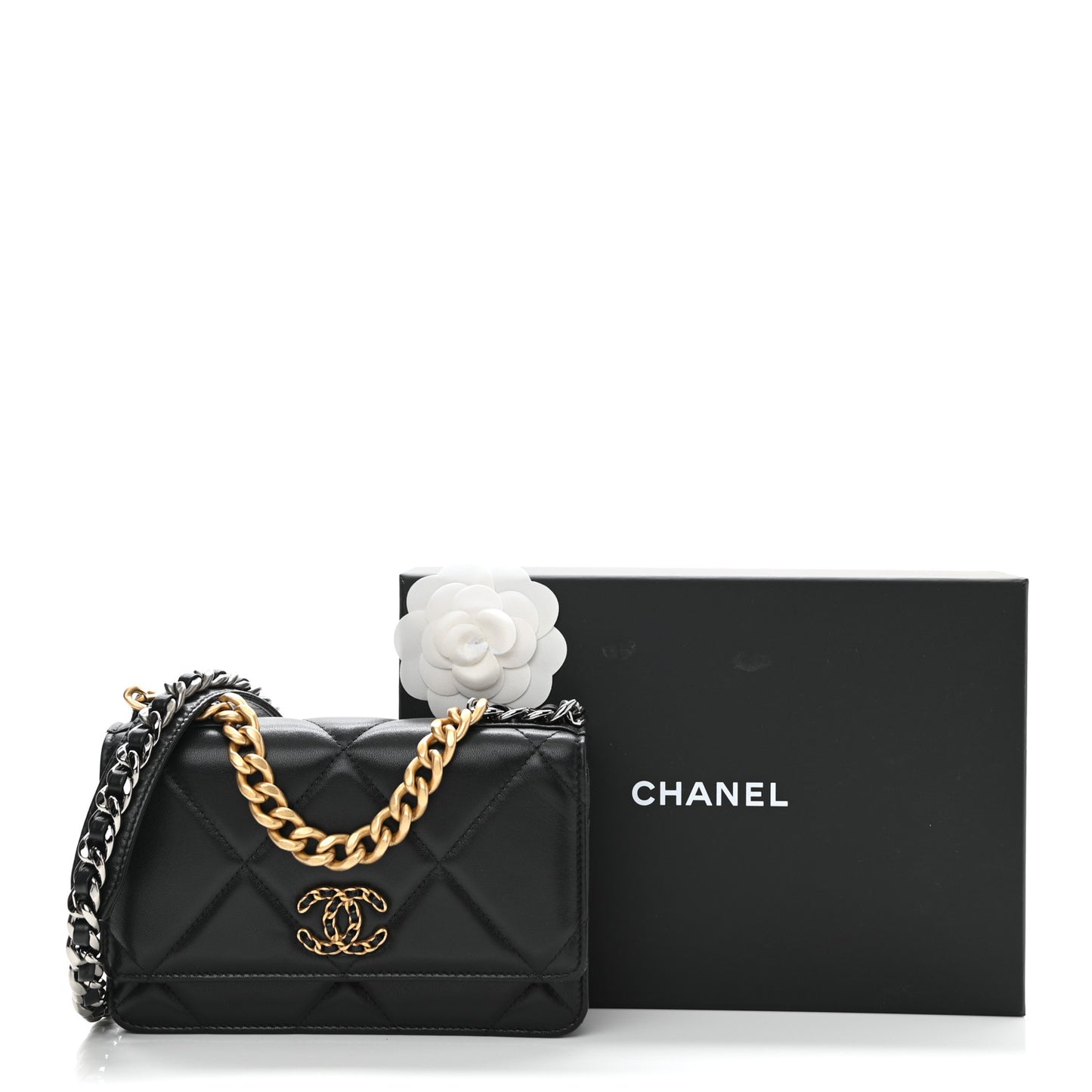 Lambskin Quilted Chanel 19 Wallet On Chain WOC Black