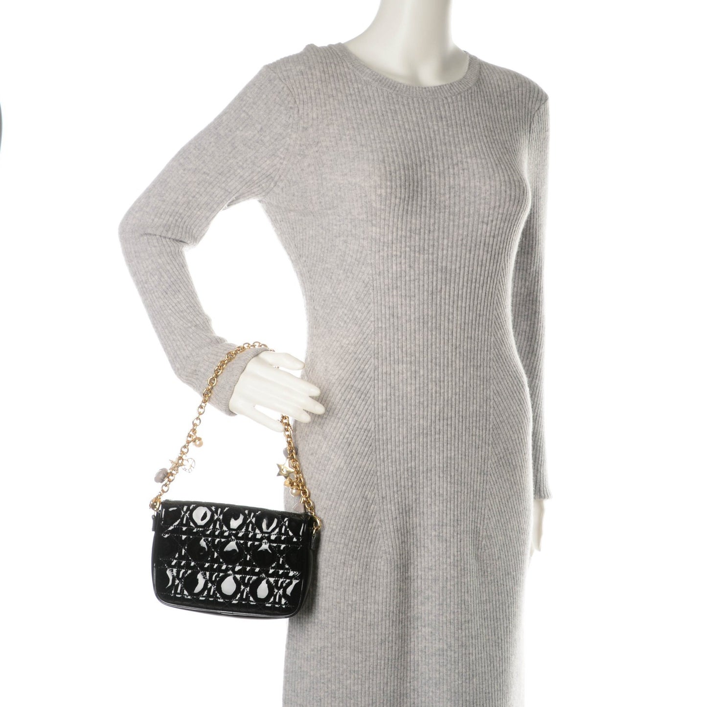 Patent Cannage Lady Dior Charms Pochette Black