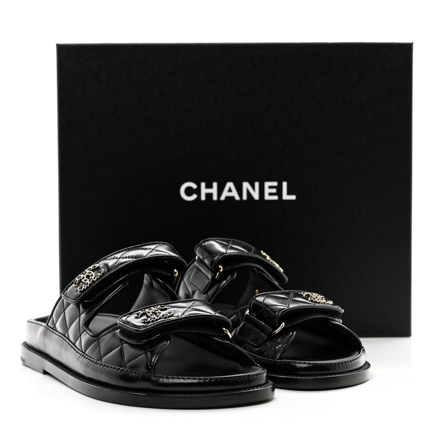 Lambskin Quilted Velcro Dad Chain CC Slide Sandals 36 Black