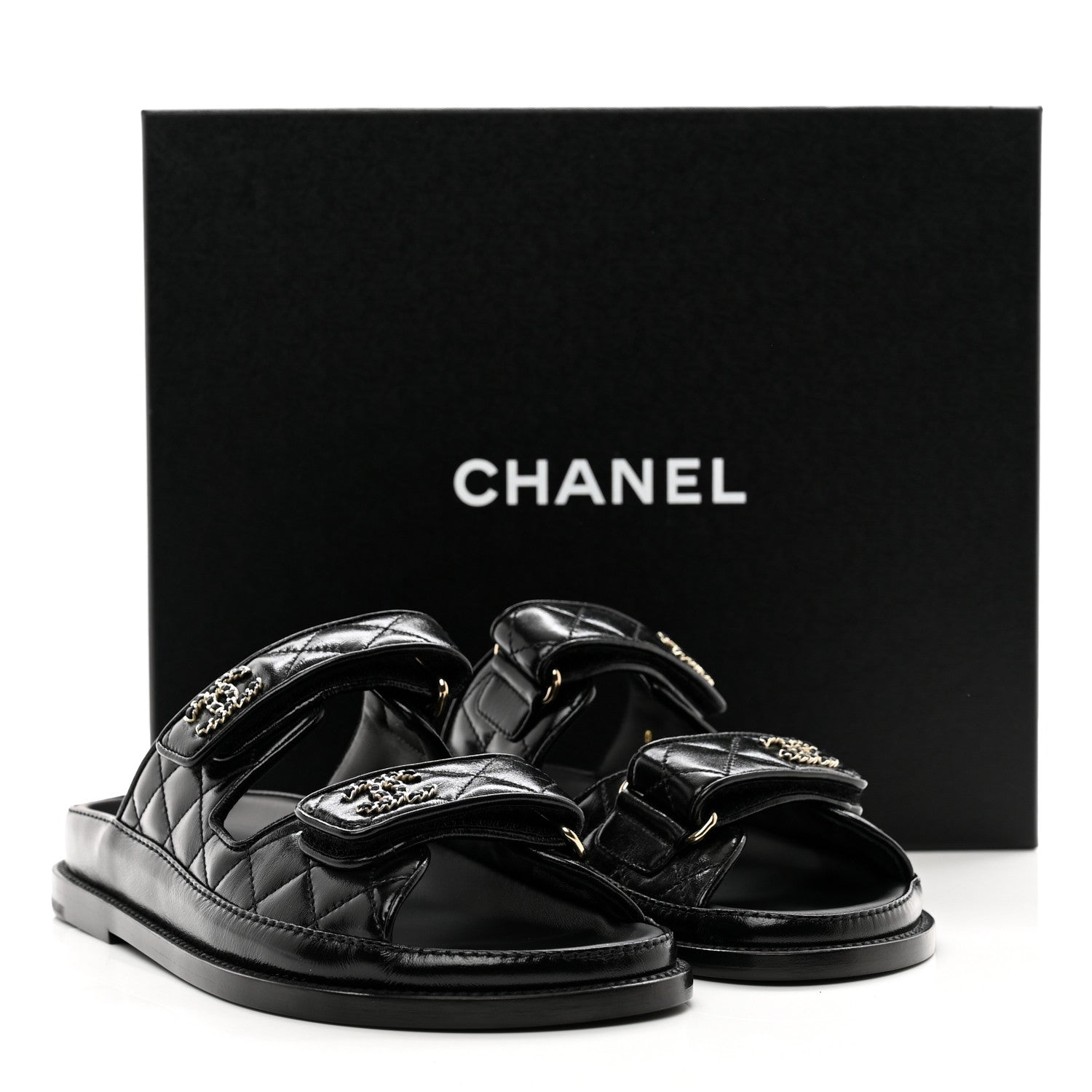 Chanel Lambskin Quilted Velcro Dad Chain CC Slide Sandals 36 Black 9 of 9