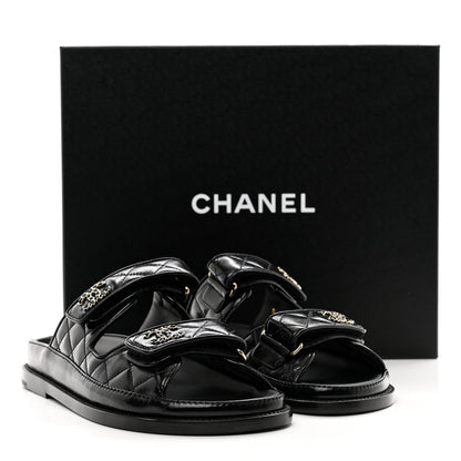 Chanel Lambskin Quilted Velcro Dad Chain CC Slide Sandals 36 Black 9 of 9