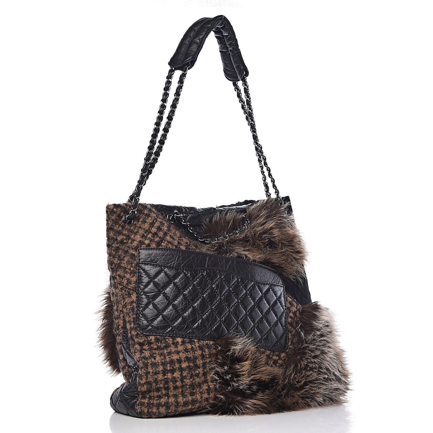 Tweed Lambskin Fantasy Fur Karl's Cabas Tote Black