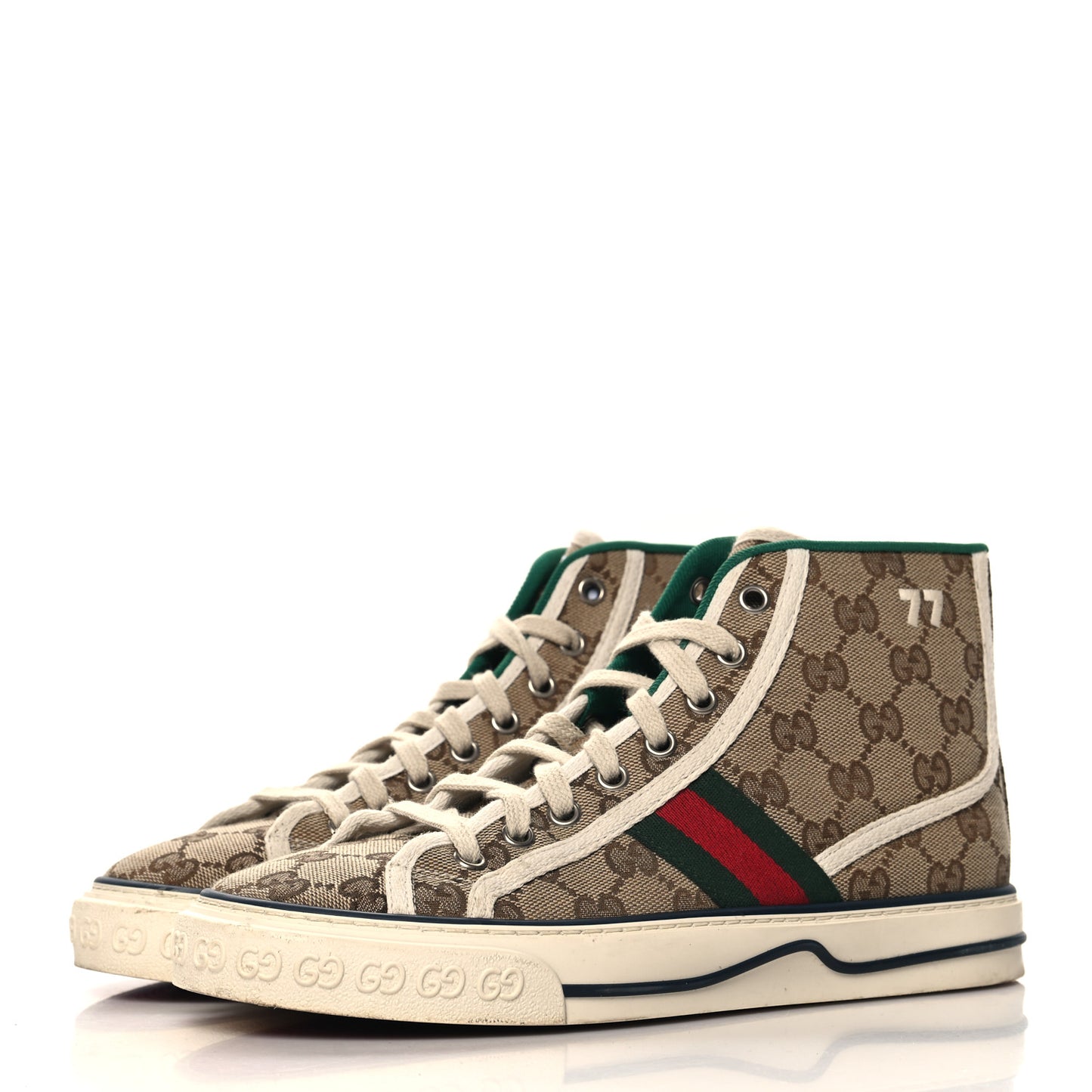GG Monogram Web Womens 1977 Tennis High Top Sneakers 37 Beige Ebony Mystic White