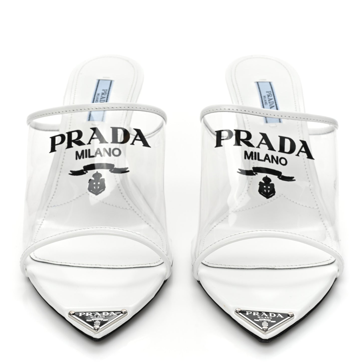 Plexiglass Calfskin Metal Triangle Logo 75mm Slide Sandals 39.5 White