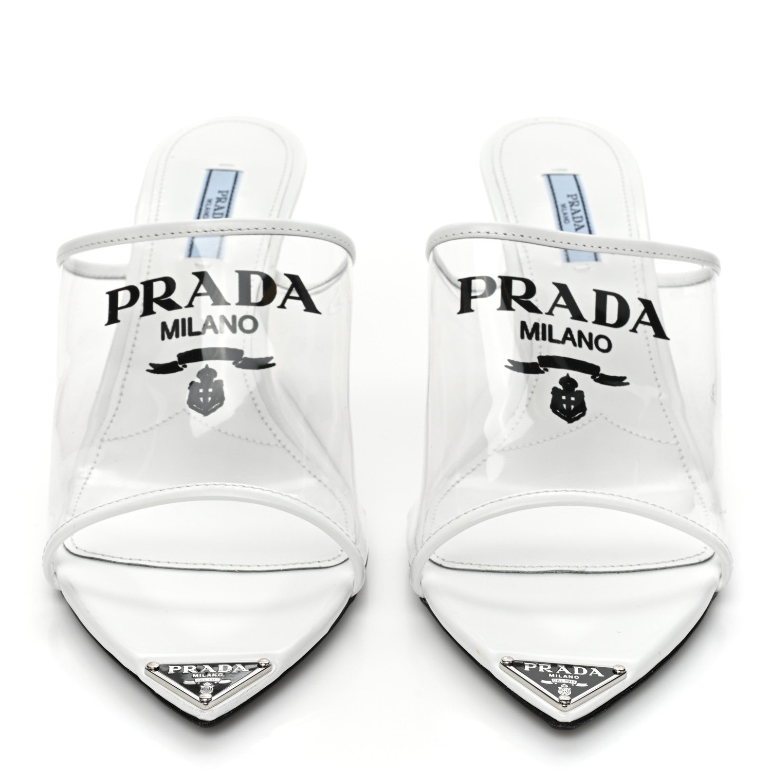 Prada Plexiglass Calfskin Metal Triangle Logo 75mm Slide Sandals 39.5 White 2 of 11