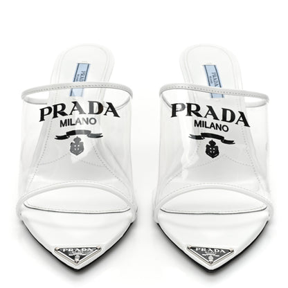 Prada Plexiglass Calfskin Metal Triangle Logo 75mm Slide Sandals 39.5 White 2 of 11