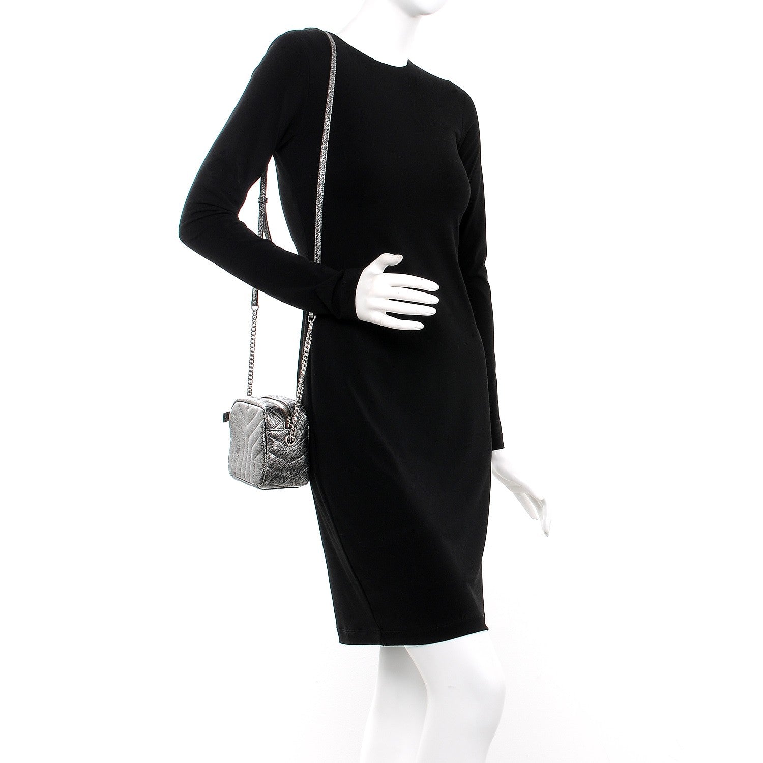 Saint Laurent Metallic Grain De Poudre Y Quilted Monogram Mini Loulou Camera Bag Gun Metal 2 of 8