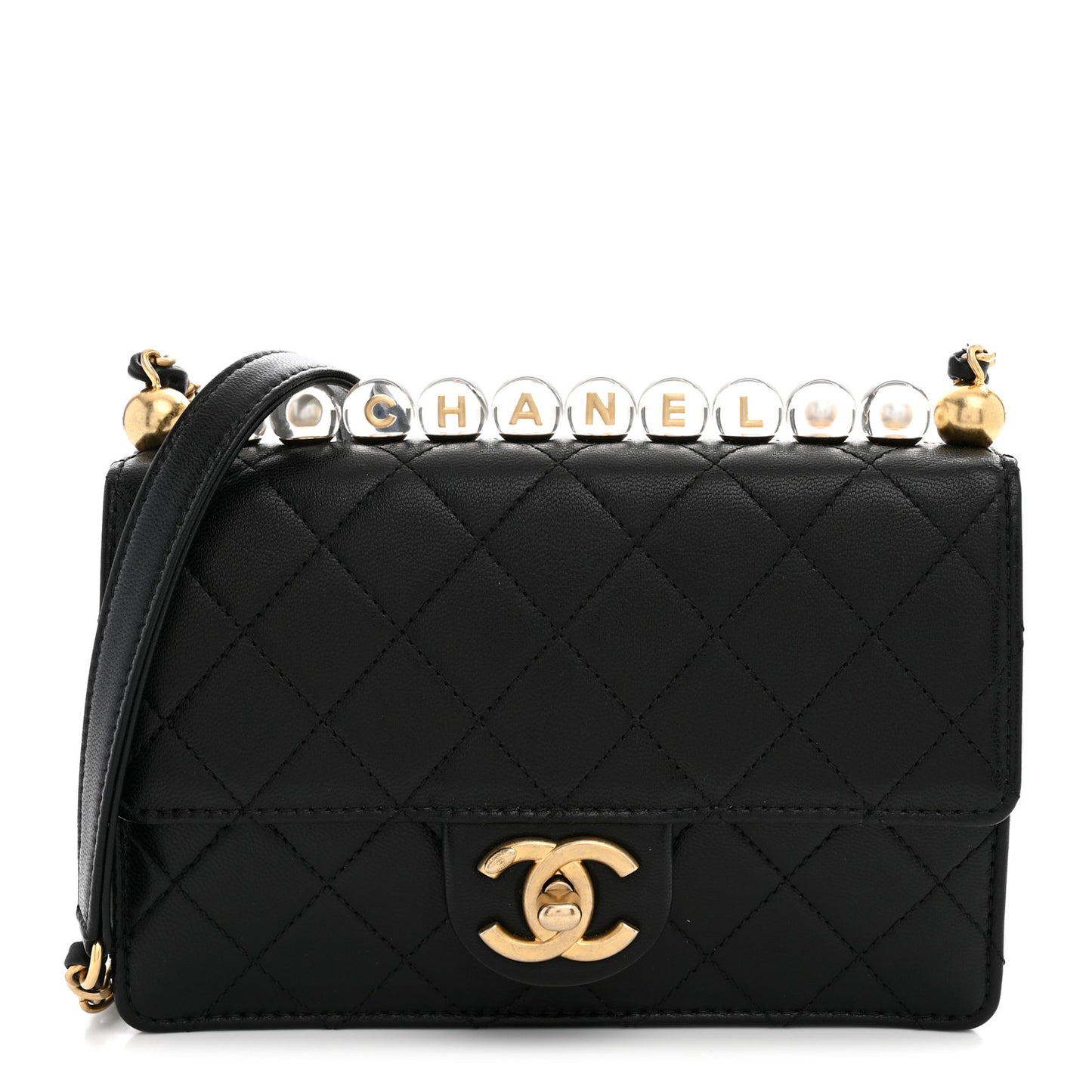 Goatskin Quilted Logo Small Chic Flap Black