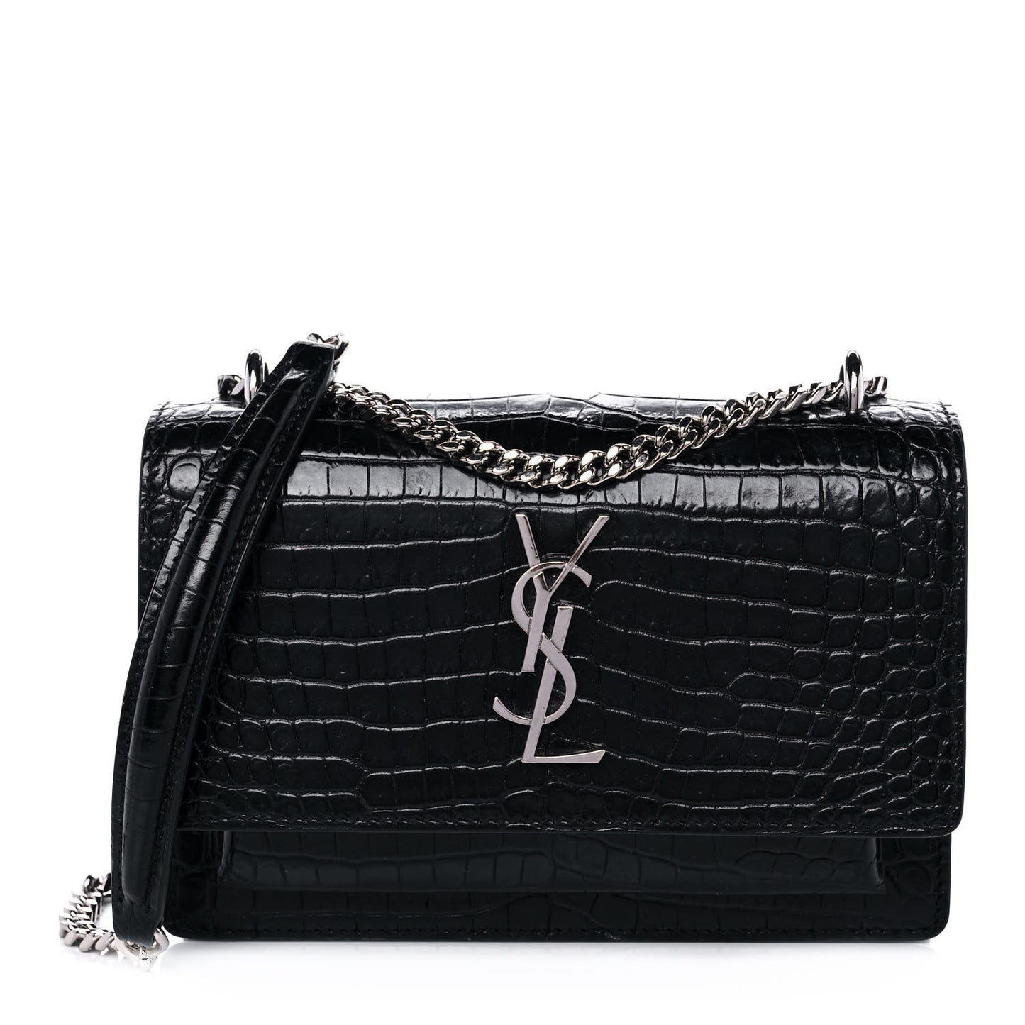 Calfskin Crocodile Embossed Monogram Sunset Chain Wallet Black
