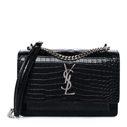 Saint Laurent Calfskin Crocodile Embossed Monogram Sunset Chain Wallet Black 1 of 15