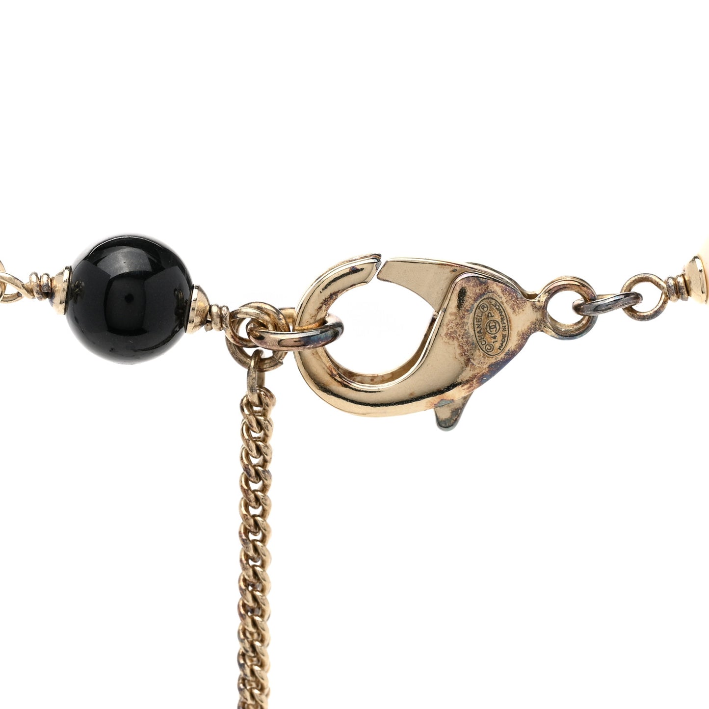 Pearl Beaded Crystal CC Long Necklace Gold Black White