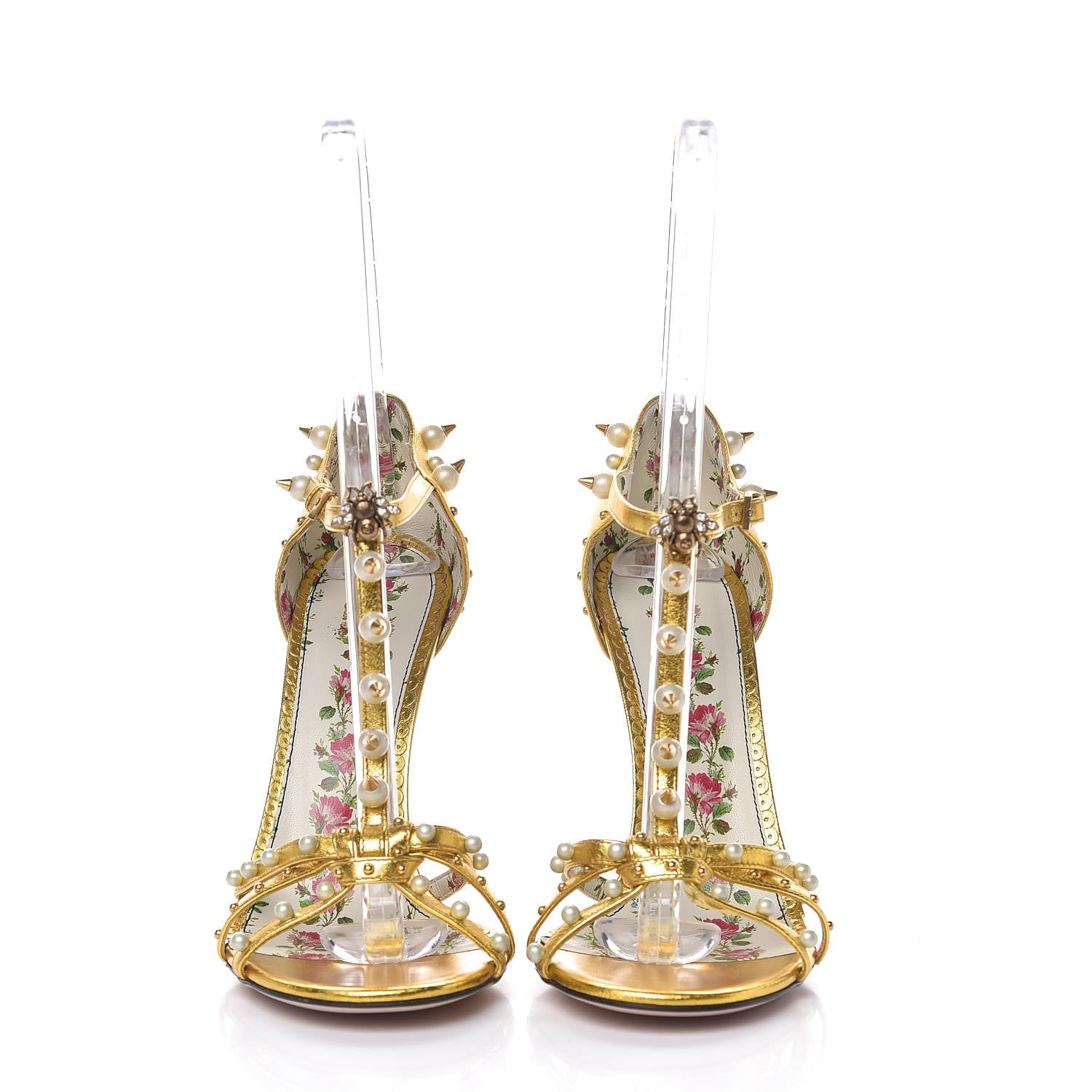 Gucci Metallic Nappa Silk Pearl Studded Regina T-Strap High Heel Sandals 40 Oro Vecchio 2 of 10