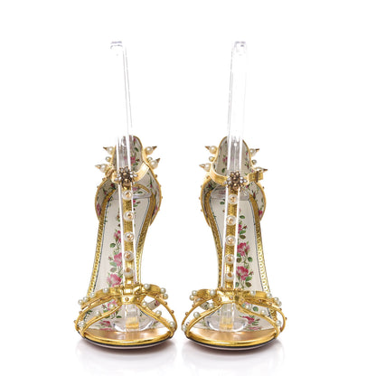 Gucci Metallic Nappa Silk Pearl Studded Regina T-Strap High Heel Sandals 40 Oro Vecchio 2 of 10