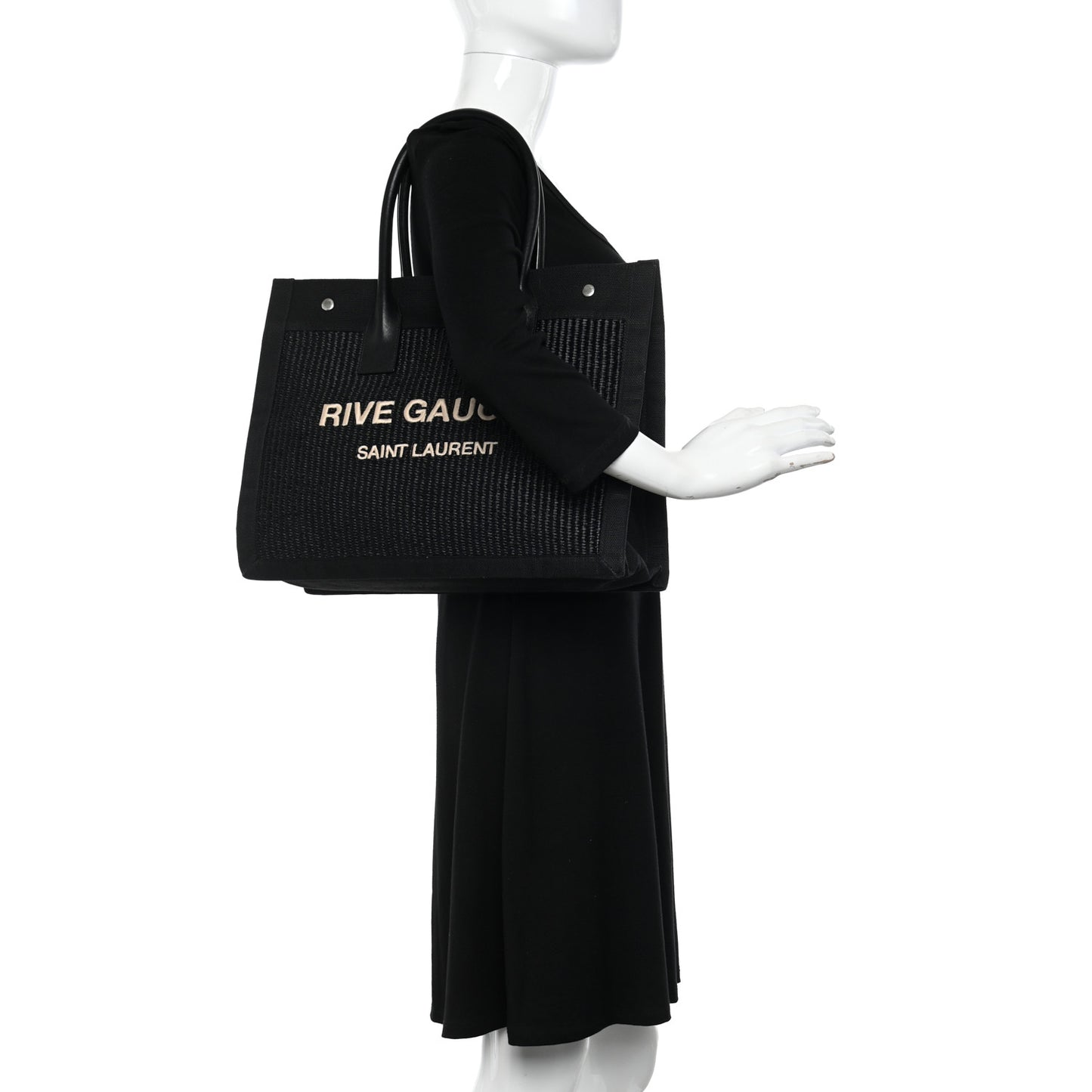 Raffia Linen Calfskin Small Rive Gauche Tote Black