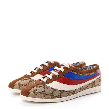 Gucci Suede Monogram Web Womens Falacer Sneakers 40 Nocciola Beige Mystic White Hibiscus Red 3 of 10